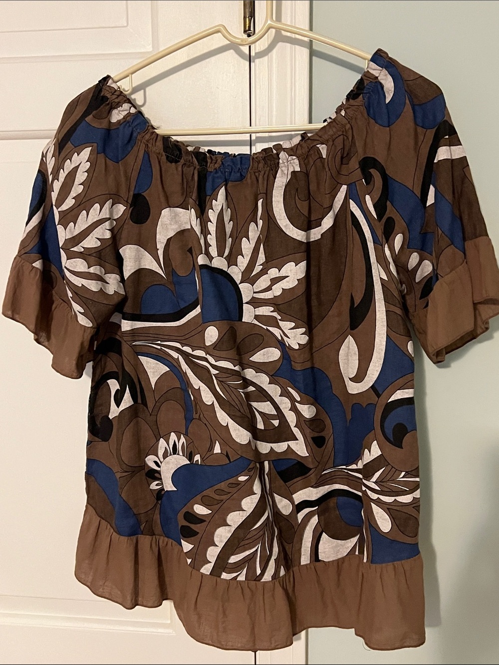 Brown Blue Floral linen Women's Top